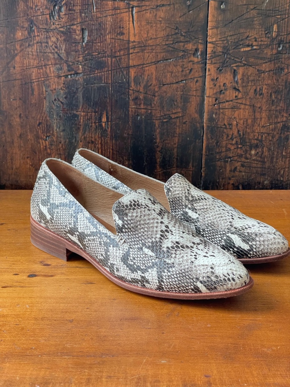 MADEWELL FRANCES LOAFER SNAKESKIN 8.5 SNAKE BLACK WHITE LEATHER MULE SKIMMER - Picture 10 of 11